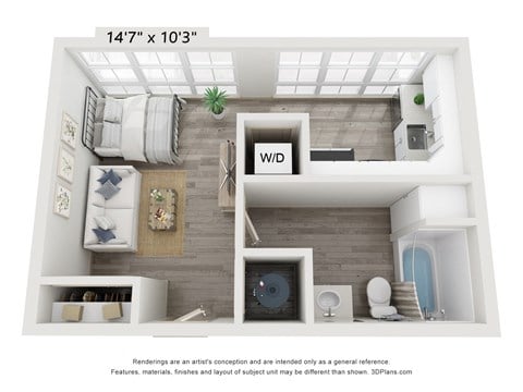 Floor plan for studio, 1 bath, 365 sqft